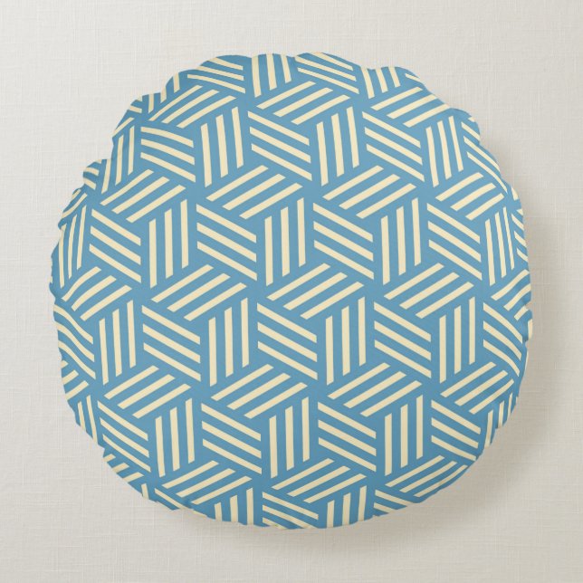 Retro Abstract Optical Illusion Cubes Pattern Blue Round Pillow (Front)