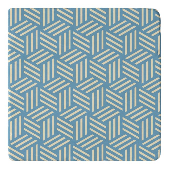 Retro Abstract Optical Illusion Cubes Pattern Blue Trivet (Front)