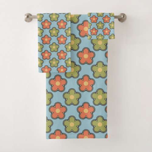 Retro Abstract Orange and Green Flowers on Blue Bath Towel Set