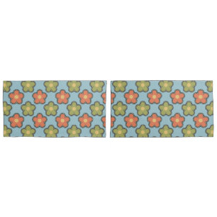 Retro Abstract Orange and Green Flowers on Blue Pillow Case