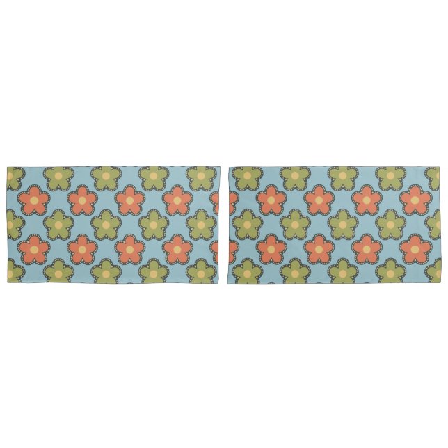 Retro Abstract Orange and Green Flowers on Blue Pillow Case (Front-Set)