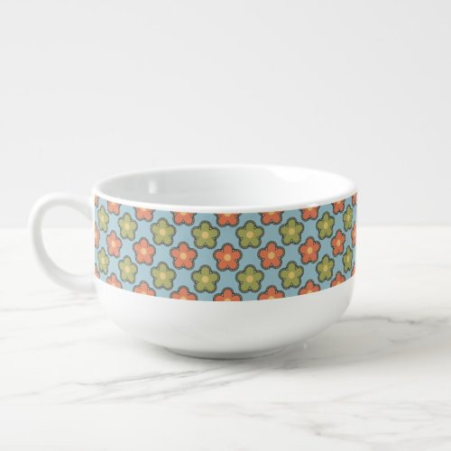 Retro Abstract Orange and Green Flowers on Blue Soup Mug