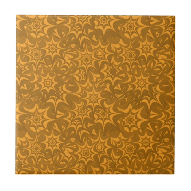 Retro Abstract Orange Floral Star Pattern Ceramic Tile (Front)