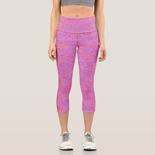 Retro Abstract Pink and Orange Squiggly Lines Capri Leggings