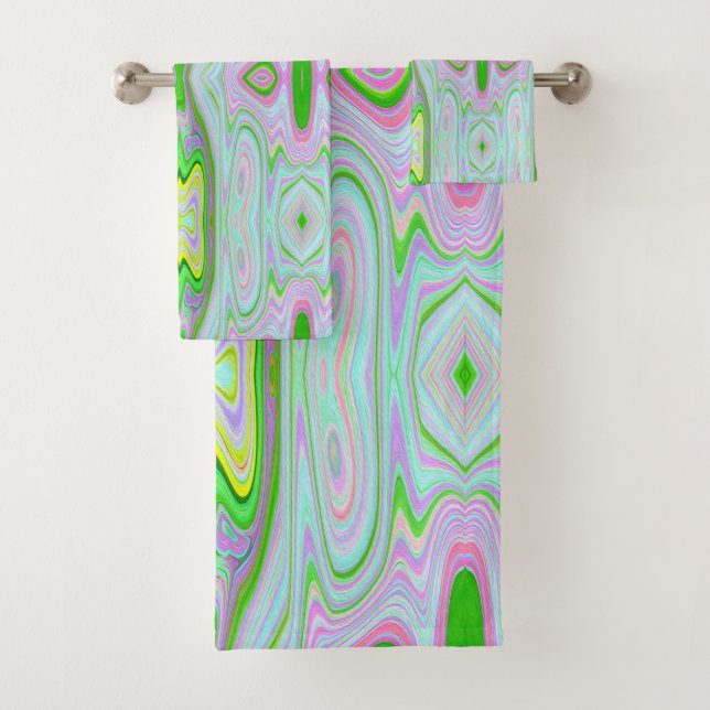 Retro Abstract Pink, Lime Green and Aqua Pattern Bath Towel Set (Insitu)