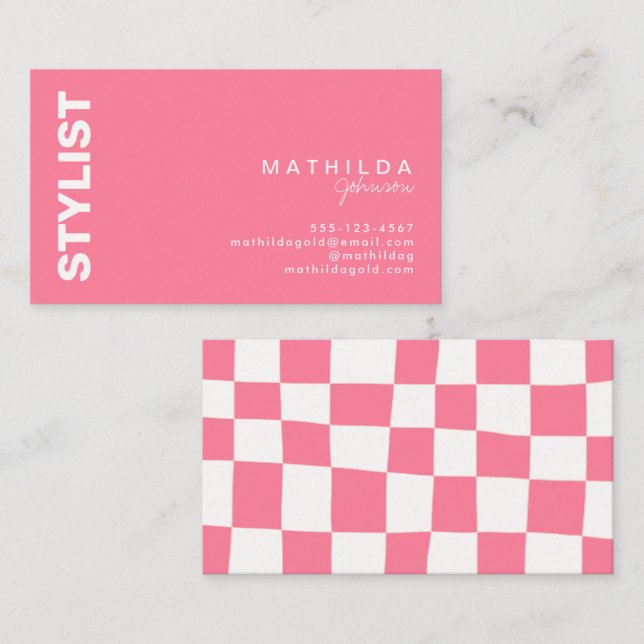 Retro Abstract Pink White Checkerboard Artsy  Business Card (Front/Back)