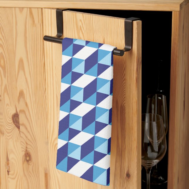Retro Abstract Shades of Blue Geometric Pattern Kitchen Towel (Thirds Fold)