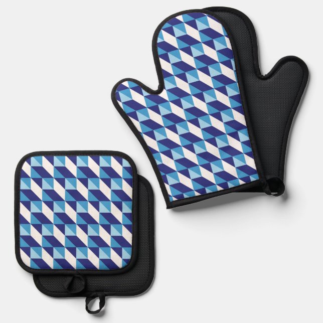 Retro Abstract Shades of Blue Geometric Pattern Oven Mitt & Pot Holder Set (Front/Back)