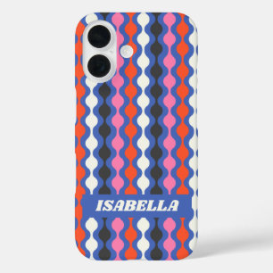 Retro Abstract Stripes Blue Pink Personalized Name iPhone 16 Case