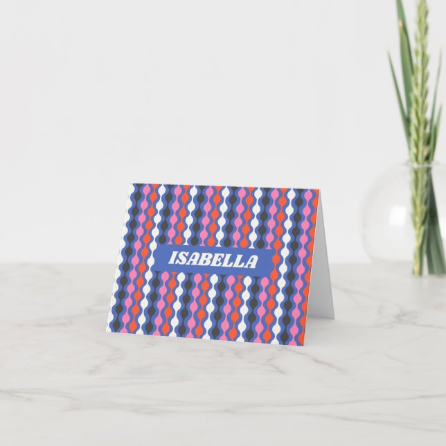 Retro Abstract Stripes Blue Pink Personalized Name Note Card (Front)