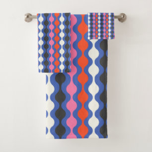 Retro Abstract Stripes in Bright Blue and Pink Bath Towel Set