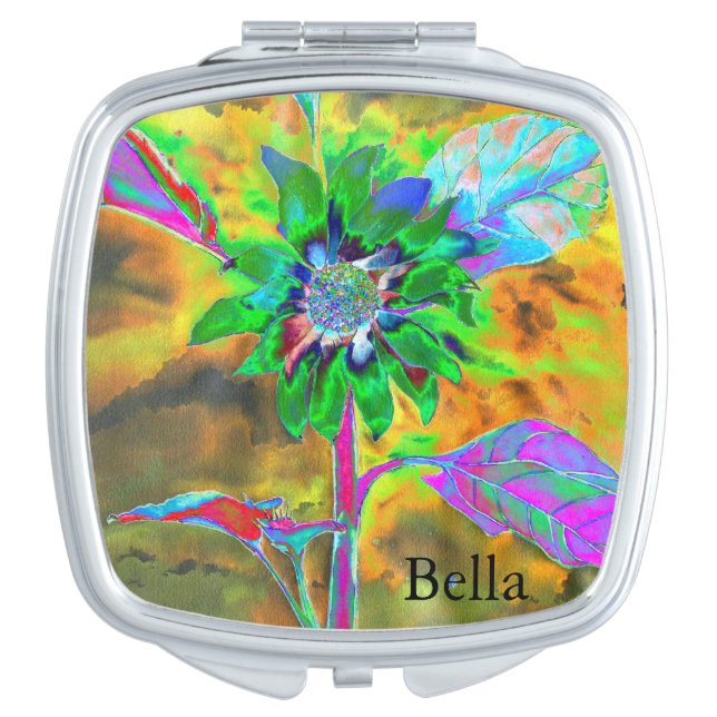 Retro abstract sunflower painting green gold makeup mirror (Front)