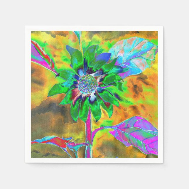 Retro abstract sunflower painting green gold paper napkins (Front)