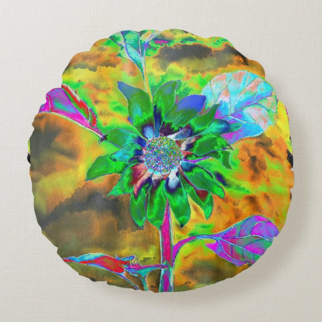 Retro abstract sunflower painting green gold round pillow (Front)