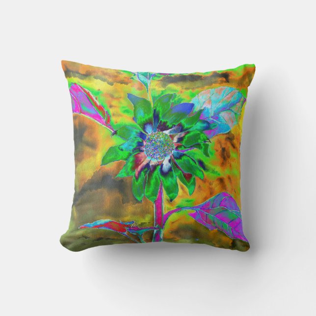 Retro abstract sunflower painting green gold throw pillow (Front)