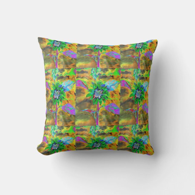 Retro abstract sunflower painting green gold throw pillow (Front)