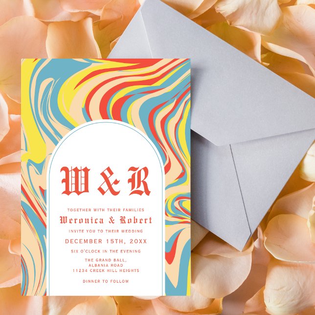 Retro Abstract Swirl Arch 70s Monogram  Invitation (Creator Uploaded)
