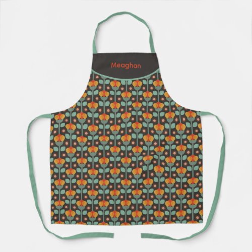 Retro Abstract Teal Gold Red Floral  Apron