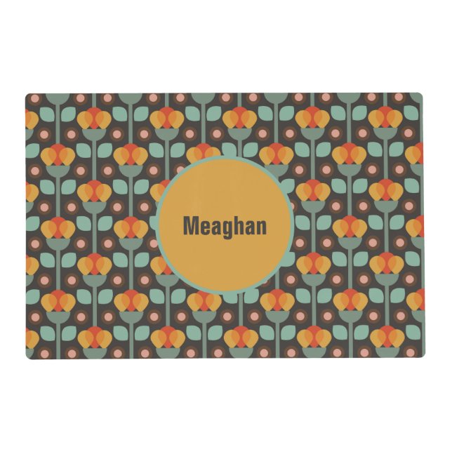 Retro Abstract Teal Gold Red Floral  Placemat (Front)