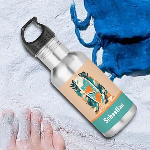 Retro Abstract Tropical Beach Surfboard for Teens Stainless Steel Water Bottle