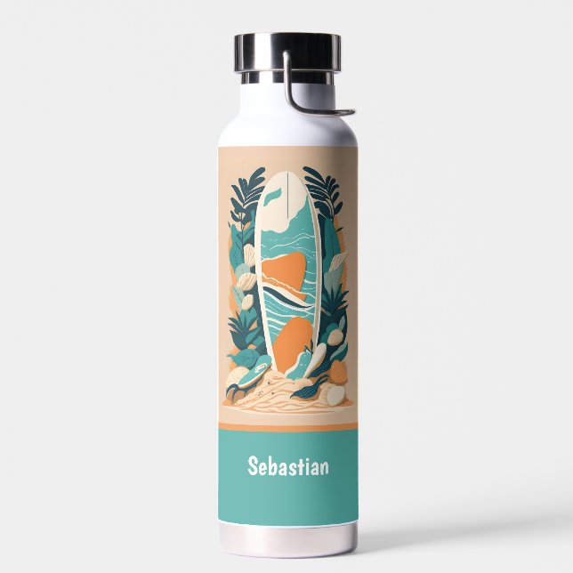 Retro Abstract Tropical Beach Surfboard Water Bottle (Left)