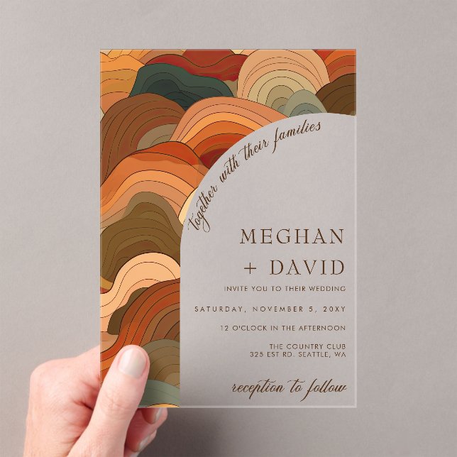 Retro Abstract Waves Terracotta Orange Wedding Acrylic Invitations (Insitu (Handheld))