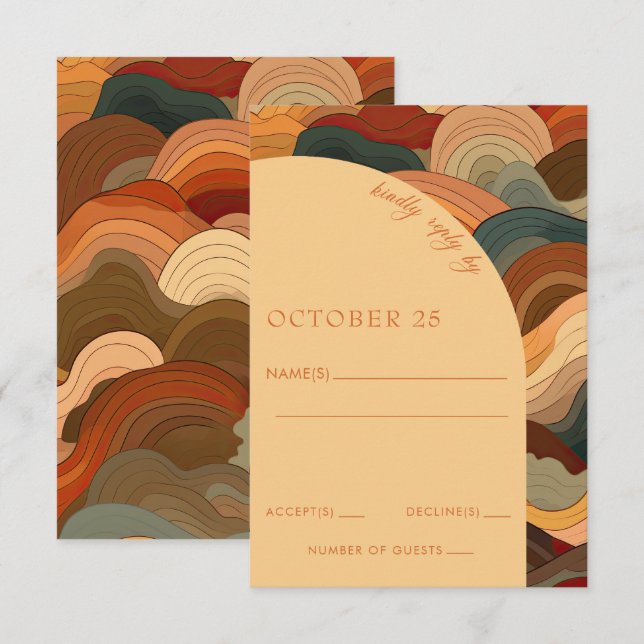 Retro Abstract Waves Terracotta Orange Wedding RSVP Card (Front/Back)