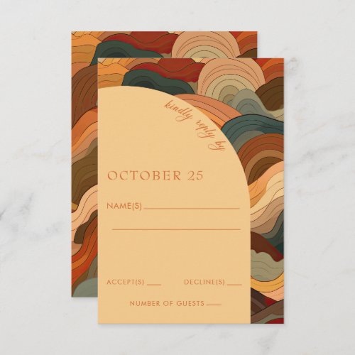 Retro Abstract Waves Terracotta Orange Wedding RSVP Card