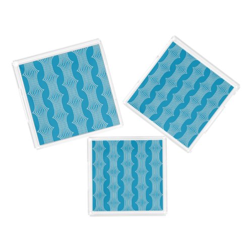Retro Abstract White Lines on Blue Pattern Acrylic Tray