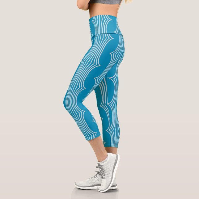 Retro Abstract White Lines on Blue Pattern Capri Leggings (Left)