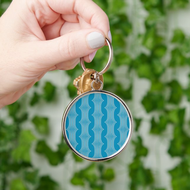 Retro Abstract White Lines on Blue Pattern Keychain (Hand)
