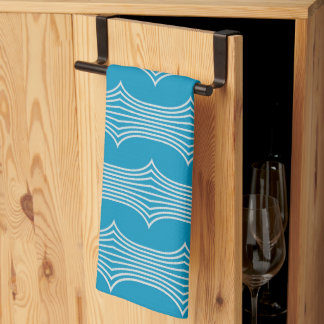 Retro Abstract White Lines on Blue Pattern Kitchen Towel