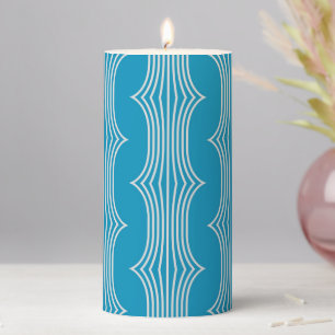 Retro Abstract White Lines on Blue Pattern Pillar Candle