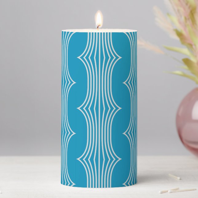 Retro Abstract White Lines on Blue Pattern Pillar Candle (In Situ)
