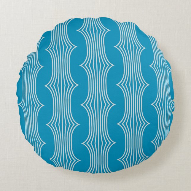 Retro Abstract White Lines on Blue Pattern Round Pillow (Front)