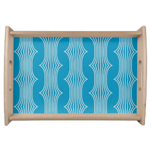 Retro Abstract White Lines on Blue Pattern Serving Tray