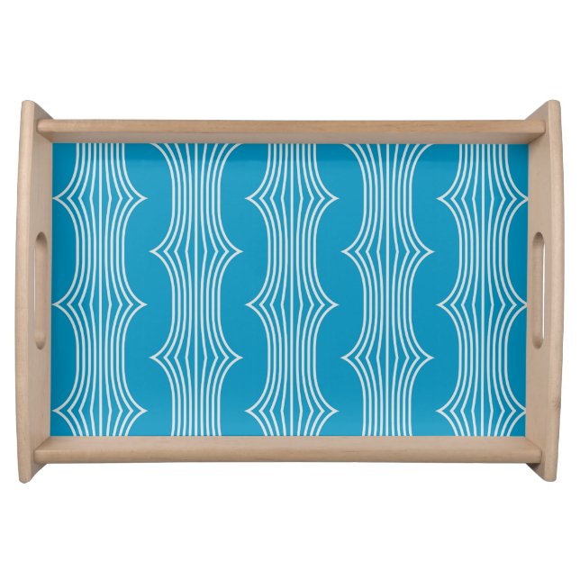 Retro Abstract White Lines on Blue Pattern Serving Tray (Front)