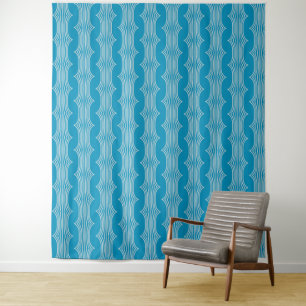 Retro Abstract White Lines on Blue Pattern Tapestry