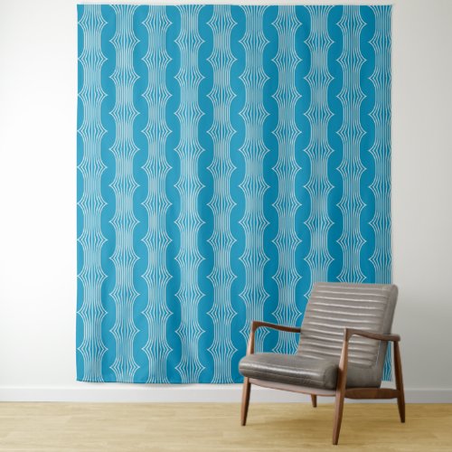 Retro Abstract White Lines on Blue Pattern Tapestry