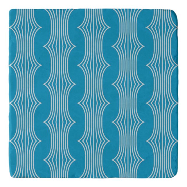 Retro Abstract White Lines on Blue Pattern Trivet (Front)