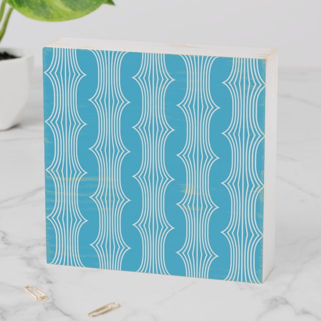 Retro Abstract White Lines on Blue Pattern Wooden Box Sign (In Situ Horizontal)