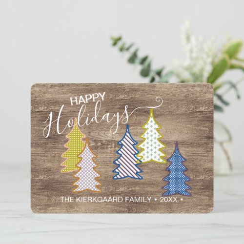 Retro Abstract Xmas Trees On Woodgrain Pattern Holiday Card