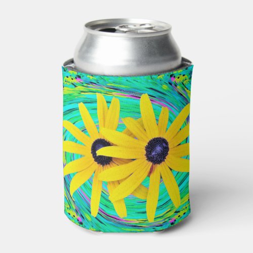 Retro Abstract Yellow Flowers on Aqua Swirl Can Cooler