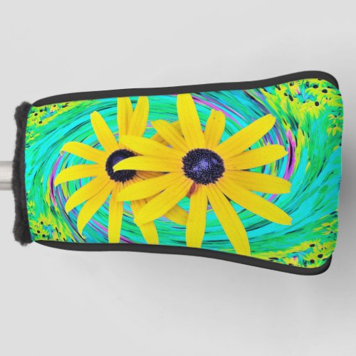 Retro Abstract Yellow Flowers on Aqua Swirl Golf Head Cover