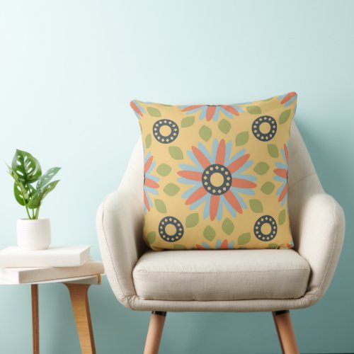 Retro Abstrat Blue and Coral Daisies Pattern Throw Pillow