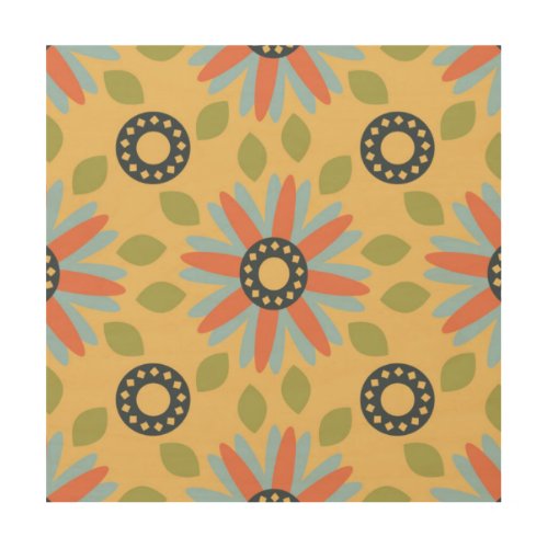 Retro Abstrat Blue and Coral Daisies Pattern Wood Wall Art