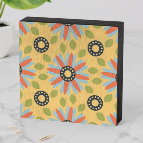 Retro Abstrat Blue and Coral Daisies Pattern Wooden Box Sign