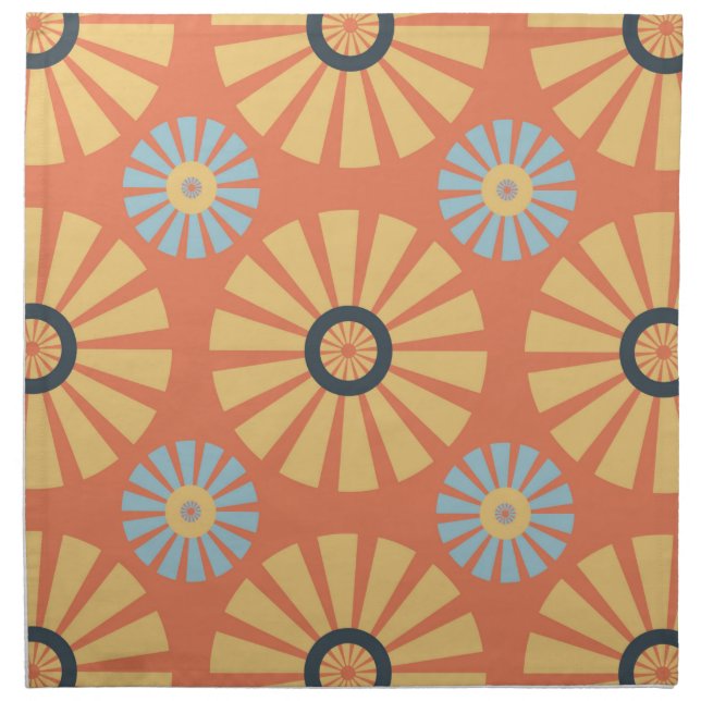 Retro Abstrat Blue and Orange Daisies Pattern Cloth Napkin (Front)