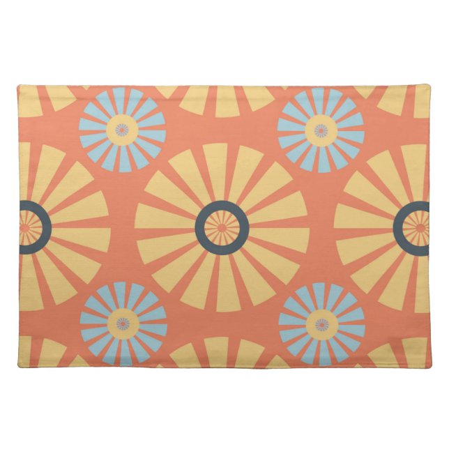Retro Abstrat Blue and Orange Daisies Pattern Cloth Placemat (Front)
