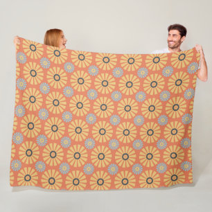 Retro Abstrat Blue and Orange Daisies Pattern Fleece Blanket